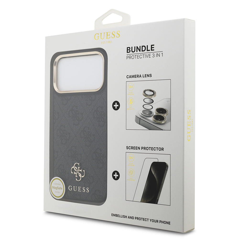 Apple iPhone 17 Pro Max Guess 3'lü Aksesuar Seti 4G ve Yazı Logolu Kılıf Ekran ve Lens Koruyucu Siyah