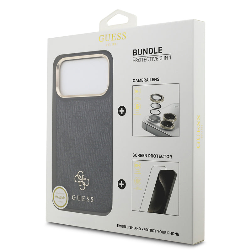 Apple iPhone 17 Pro Max Guess 3'lü Aksesuar Seti 4G ve Yazı Logolu Kılıf Ekran ve Lens Koruyucu Siyah