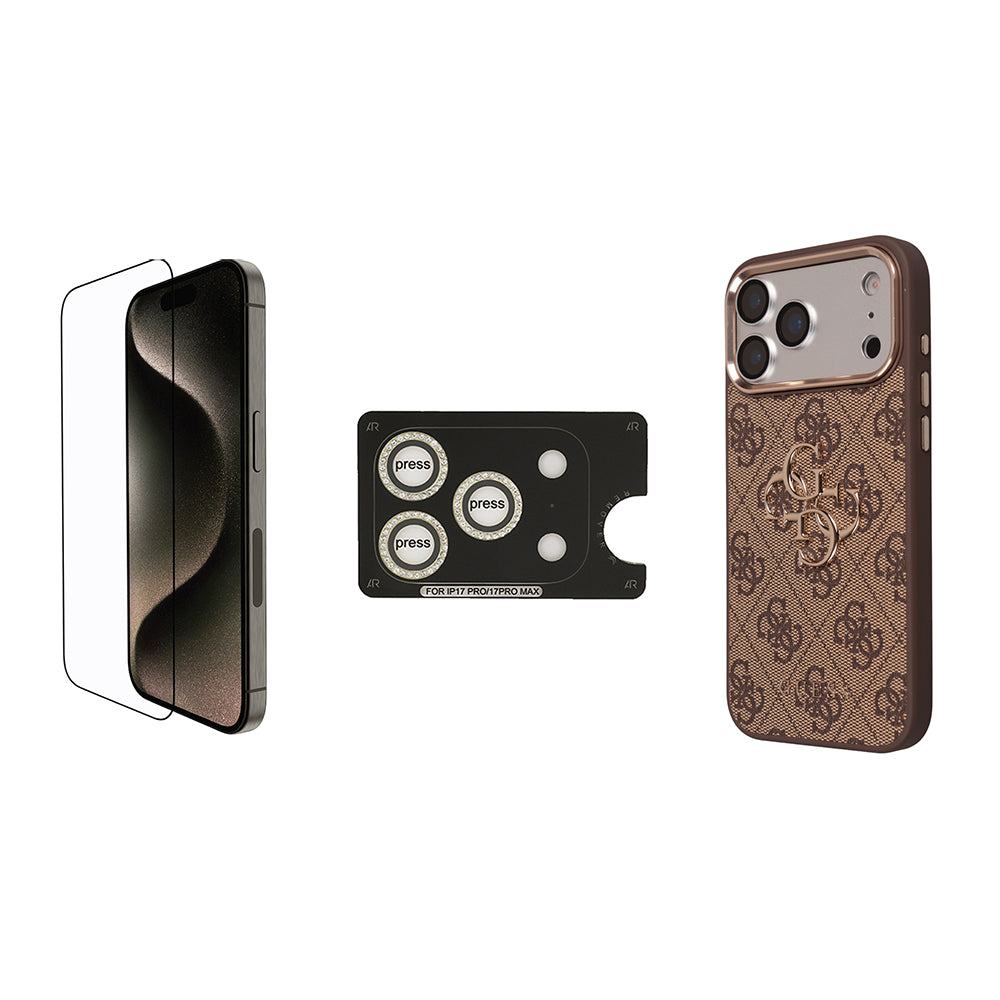 Apple iPhone 17 Pro Max Guess 3'lü Aksesuar Seti Kılıf Ekran ve Lens Koruyucu Kahverengi