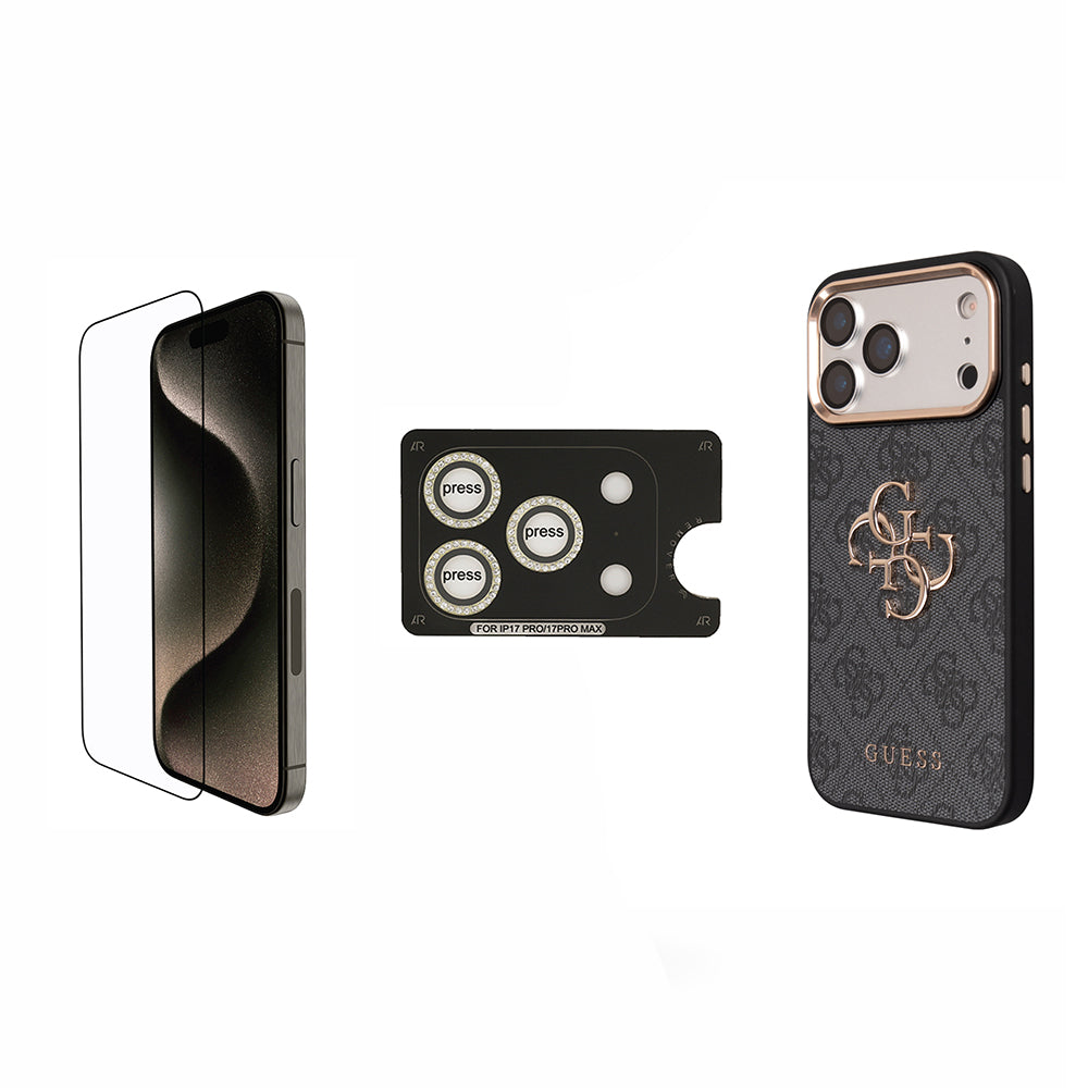Apple iPhone 17 Pro Guess 3'lü Aksesuar Seti Kılıf Ekran ve Lens Koruyucu Siyah