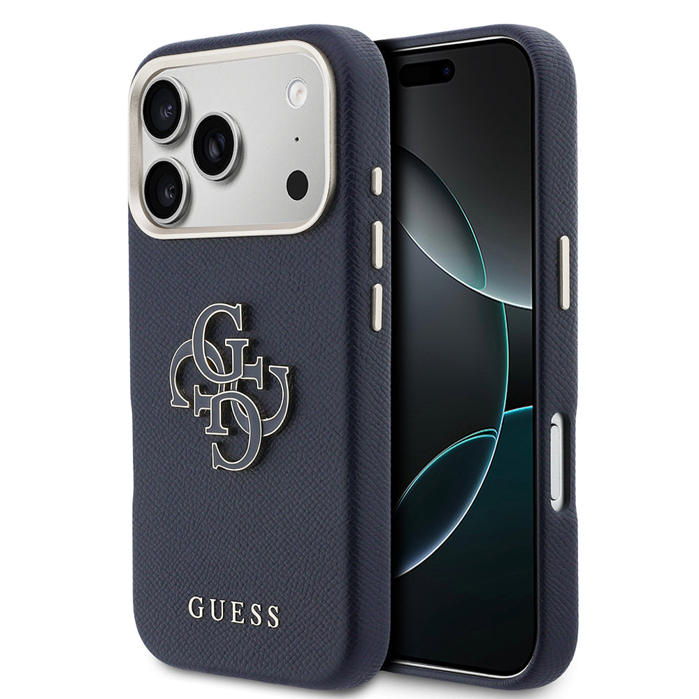 Apple iPhone 17 Pro Max Kılıf Guess 4G Büyük Metal Kamera Çerçeveli PU Deri Resin Kapak Mavi
