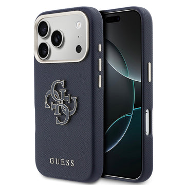 Apple iPhone 17 Pro Max Kılıf Guess 4G Büyük Metal Kamera Çerçeveli PU Deri Resin Kapak Mavi