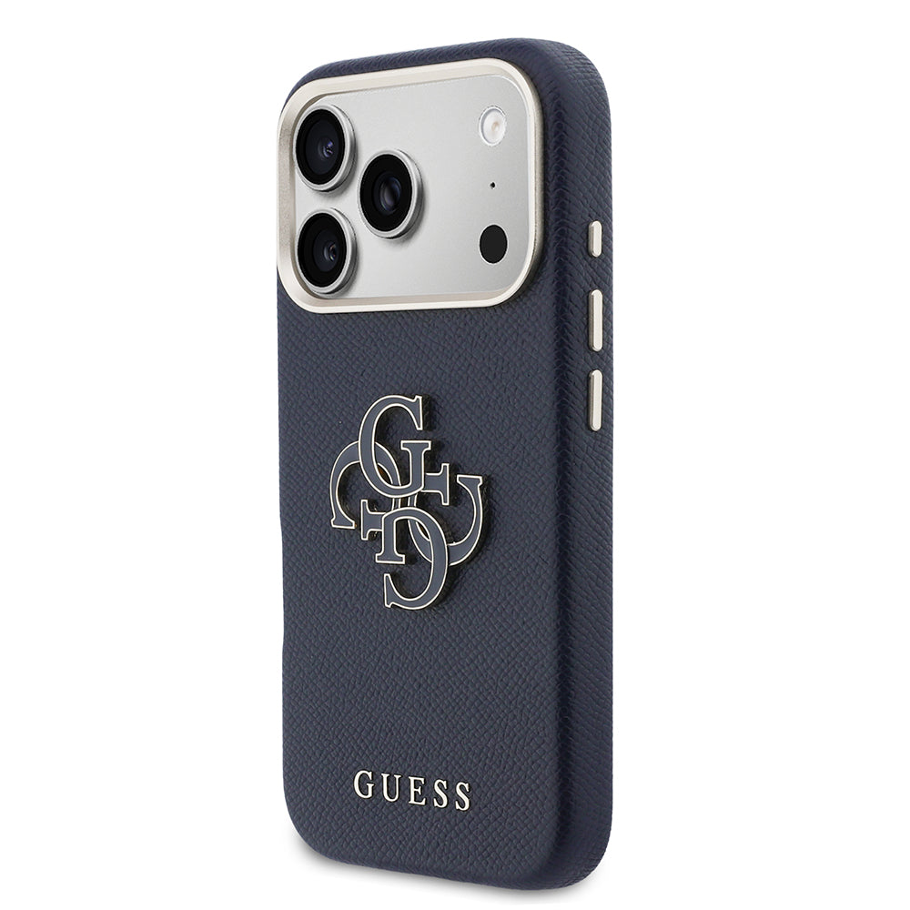 Apple iPhone 17 Pro Max Kılıf Guess 4G Büyük Metal Kamera Çerçeveli PU Deri Resin Kapak Mavi