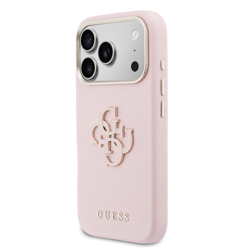 Apple iPhone 17 Pro Max Kılıf Guess 4G Büyük Metal Kamera Çerçeveli PU Deri Resin Kapak Pembe