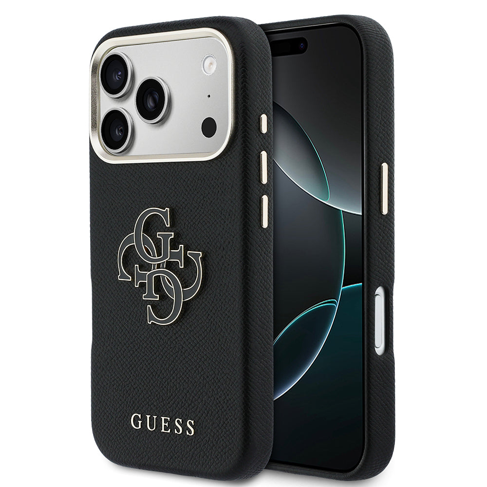 Apple iPhone 17 Pro Max Kılıf Guess 4G Büyük Metal Kamera Çerçeveli PU Deri Resin Kapak Siyah