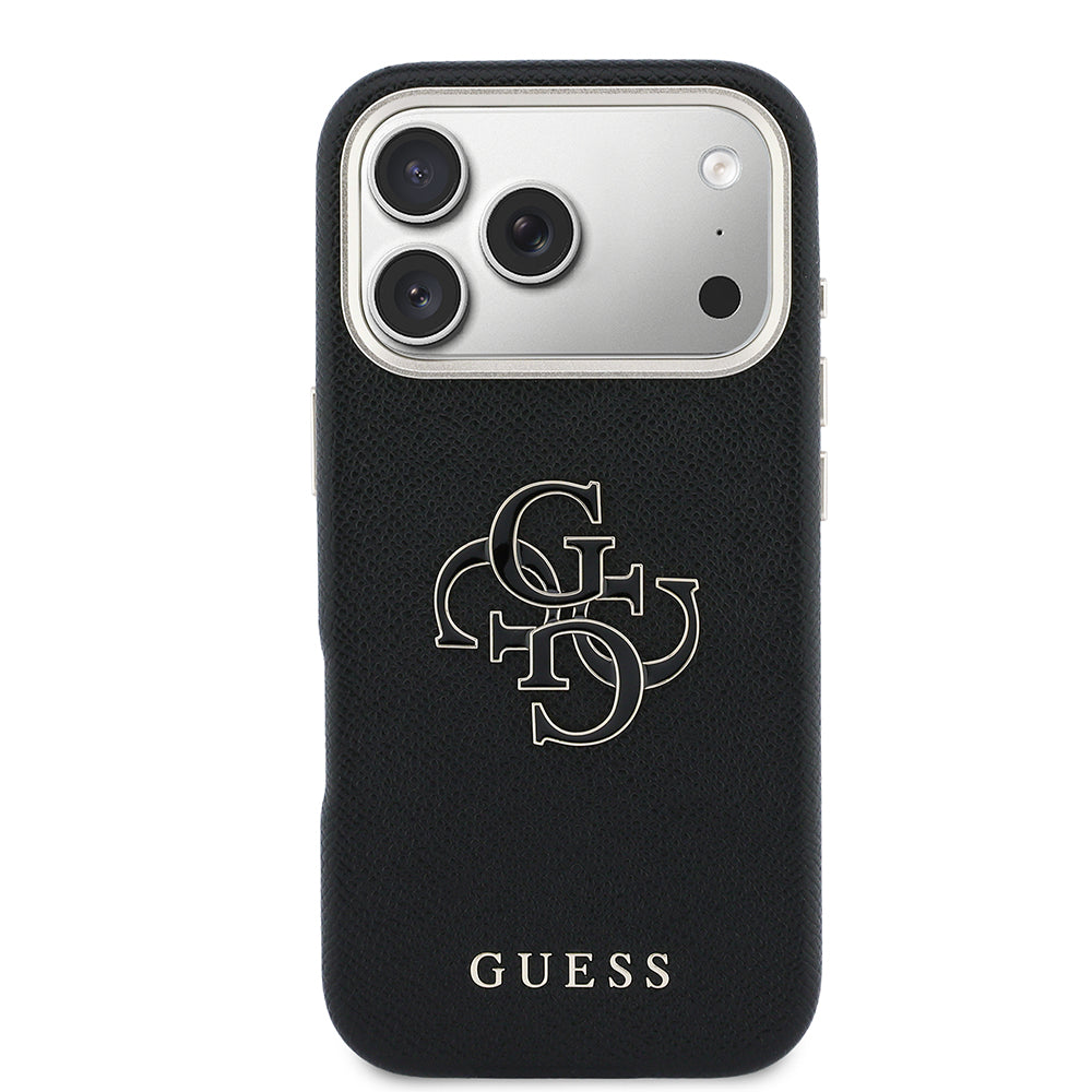 Apple iPhone 17 Pro Max Kılıf Guess 4G Büyük Metal Kamera Çerçeveli PU Deri Resin Kapak Siyah