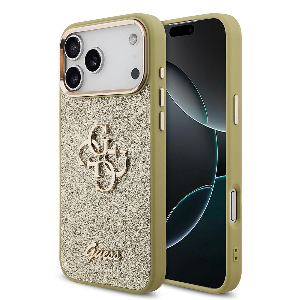 Apple iPhone 17 Pro Max Kılıf Guess 4G Büyük Metal Logolu Glitter Kapak Gold