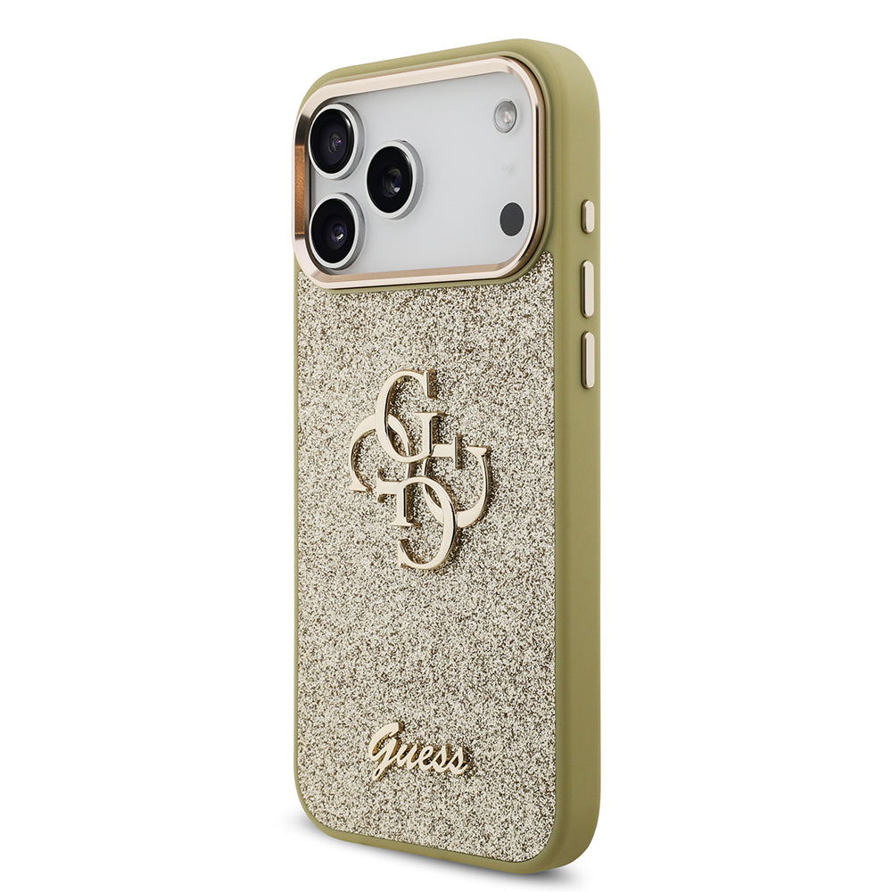 Apple iPhone 17 Pro Max Kılıf Guess 4G Büyük Metal Logolu Glitter Kapak Gold