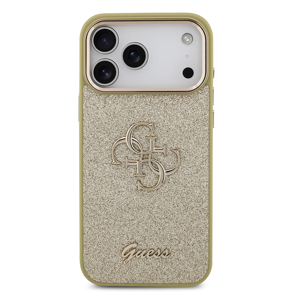 Apple iPhone 17 Pro Max Kılıf Guess 4G Büyük Metal Logolu Glitter Kapak Gold