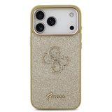 Apple iPhone 17 Pro Max Kılıf Guess 4G Büyük Metal Logolu Glitter Kapak Gold