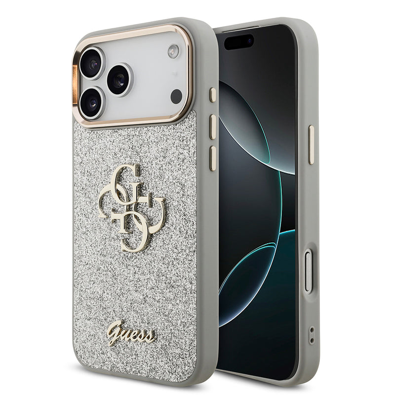 Apple iPhone 17 Pro Max Kılıf Guess 4G Büyük Metal Logolu Glitter Kapak Gümüş