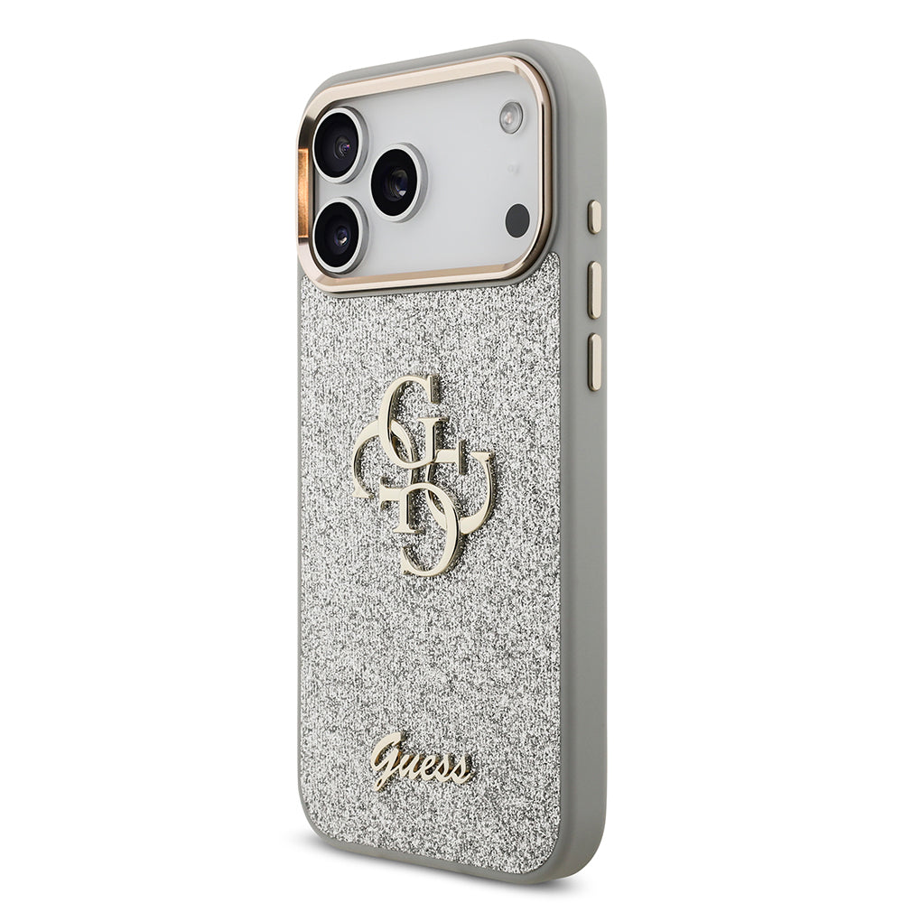 Apple iPhone 17 Pro Max Kılıf Guess 4G Büyük Metal Logolu Glitter Kapak Gümüş