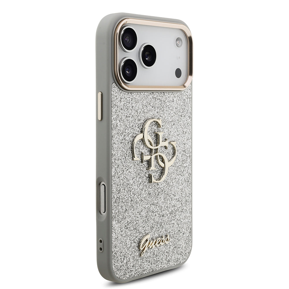 Apple iPhone 17 Pro Max Kılıf Guess 4G Büyük Metal Logolu Glitter Kapak Gümüş