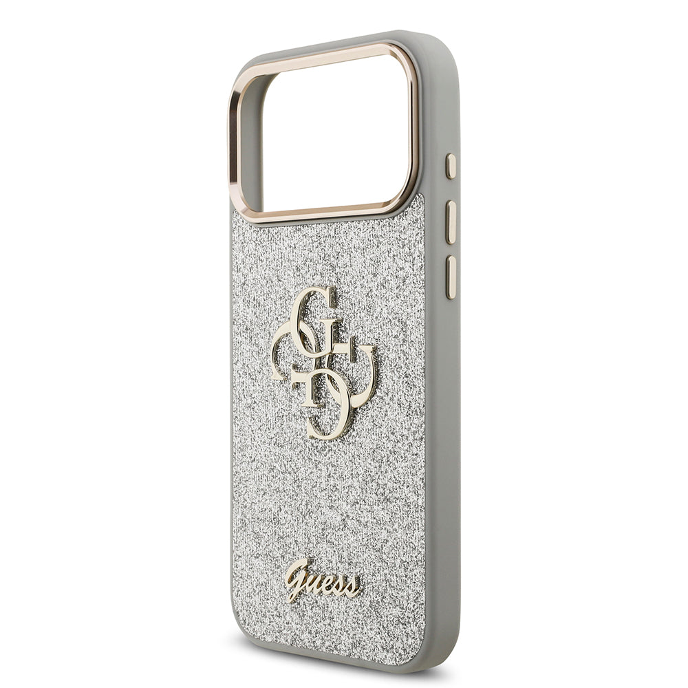Apple iPhone 17 Pro Max Kılıf Guess 4G Büyük Metal Logolu Glitter Kapak Gümüş