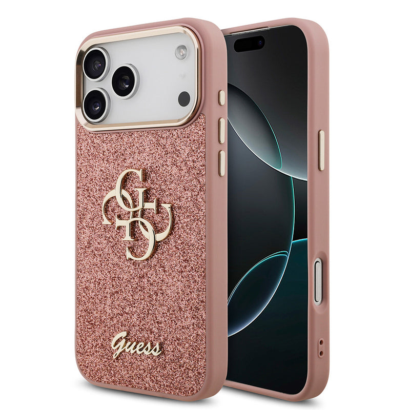 Apple iPhone 17 Pro Max Kılıf Guess 4G Büyük Metal Logolu Glitter Kapak Pembe