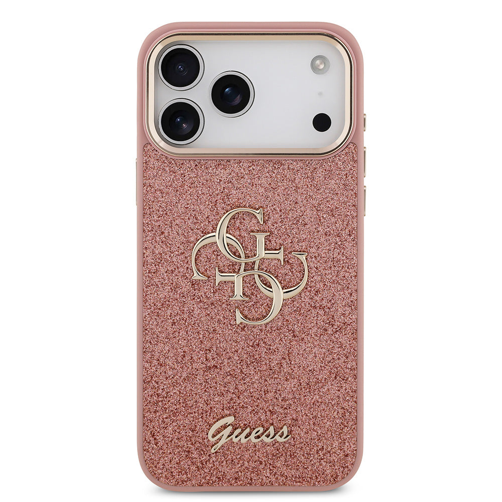 Apple iPhone 17 Pro Max Kılıf Guess 4G Büyük Metal Logolu Glitter Kapak Pembe