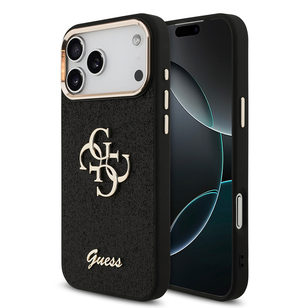 Apple iPhone 17 Pro Max Kılıf Guess 4G Büyük Metal Logolu Glitter Kapak Siyah