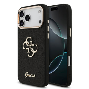 Apple iPhone 17 Pro Max Kılıf Guess 4G Büyük Metal Logolu Glitter Kapak Siyah