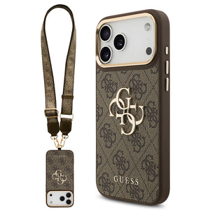 Apple iPhone 17 Pro Max Kılıf Guess 4G Büyük Metal Logolu Kalın Askılı Kapak Kahverengi