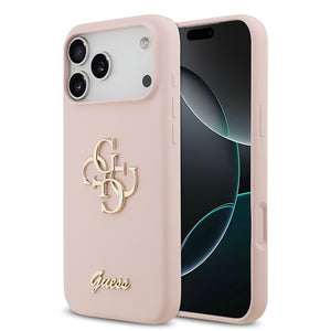 Apple iPhone 17 Pro Max Kılıf Guess 4G Metal Grained Yazı Logolu TPU Kapak Pembe
