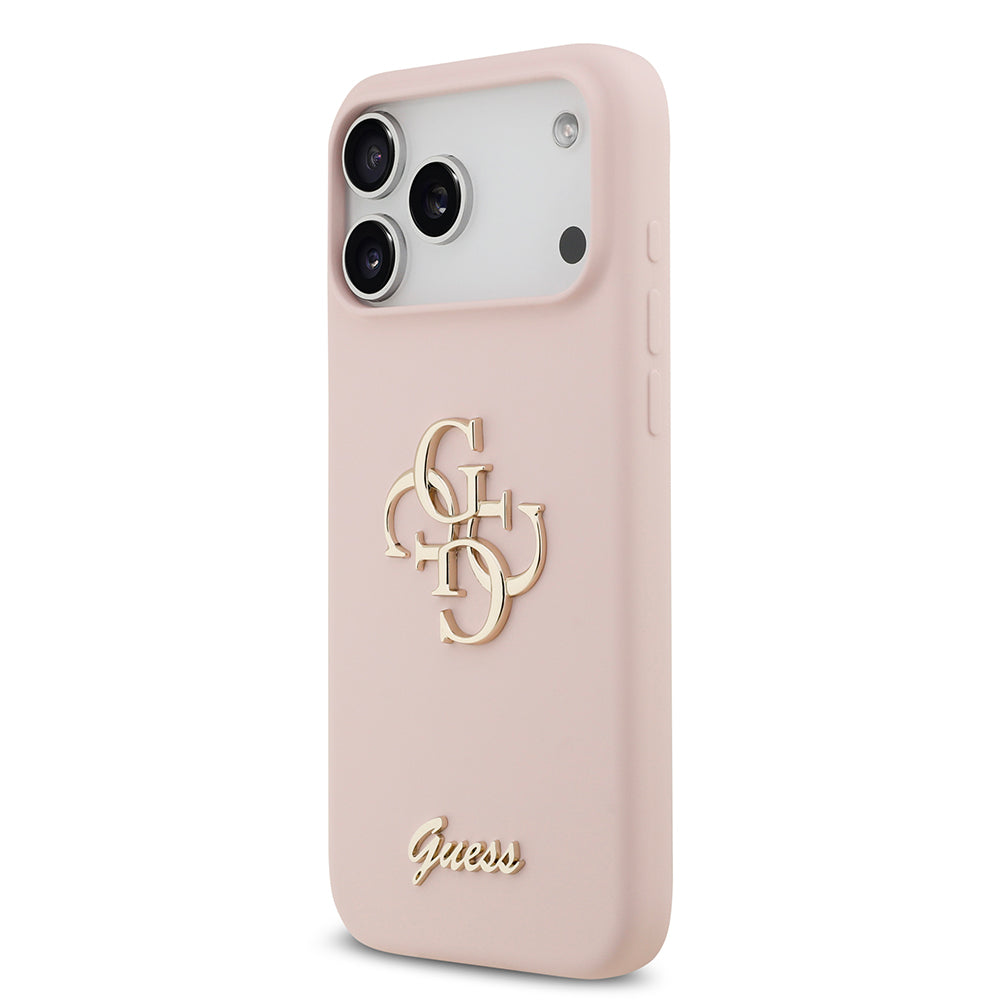 Apple iPhone 17 Pro Max Kılıf Guess 4G Metal Grained Yazı Logolu TPU Kapak Pembe