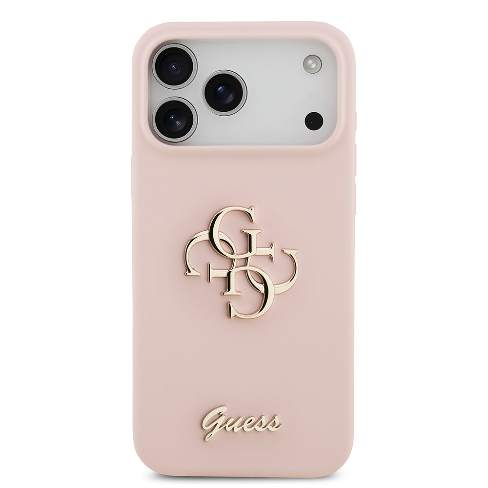 Apple iPhone 17 Pro Max Kılıf Guess 4G Metal Grained Yazı Logolu TPU Kapak Pembe