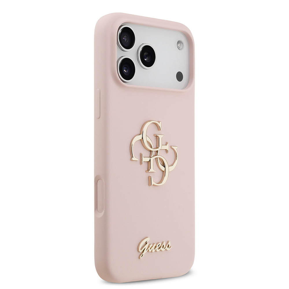 Apple iPhone 17 Pro Max Kılıf Guess 4G Metal Grained Yazı Logolu TPU Kapak Pembe