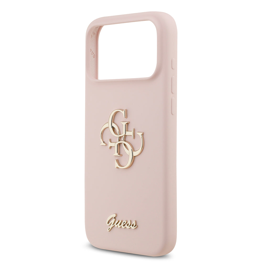 Apple iPhone 17 Pro Max Kılıf Guess 4G Metal Grained Yazı Logolu TPU Kapak Pembe