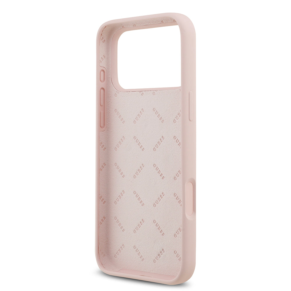 Apple iPhone 17 Pro Max Kılıf Guess 4G Metal Grained Yazı Logolu TPU Kapak Pembe
