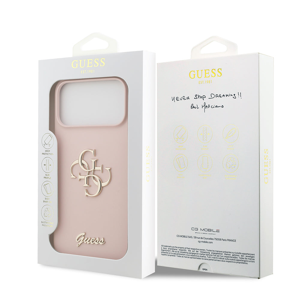 Apple iPhone 17 Pro Max Kılıf Guess 4G Metal Grained Yazı Logolu TPU Kapak Pembe