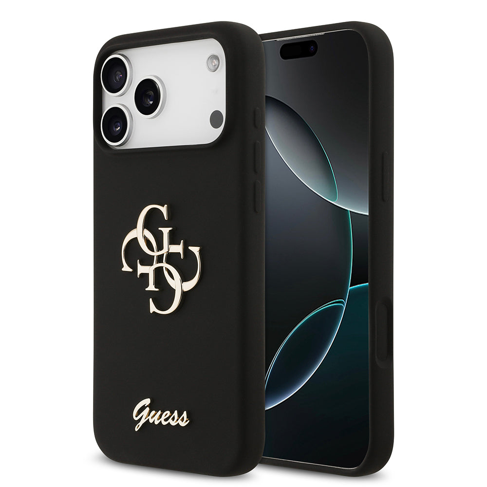 Apple iPhone 17 Pro Max Kılıf Guess 4G Metal Grained Yazı Logolu TPU Kapak Siyah