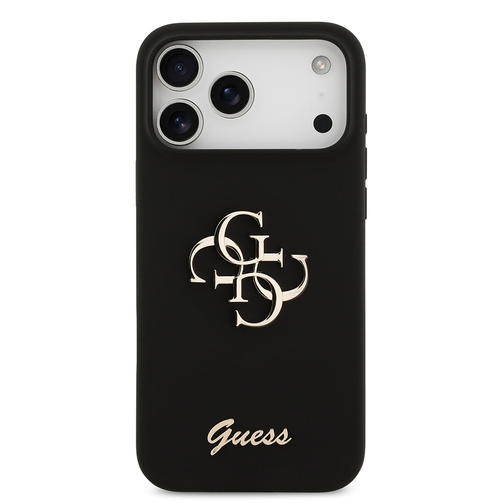 Apple iPhone 17 Pro Max Kılıf Guess 4G Metal Grained Yazı Logolu TPU Kapak Siyah