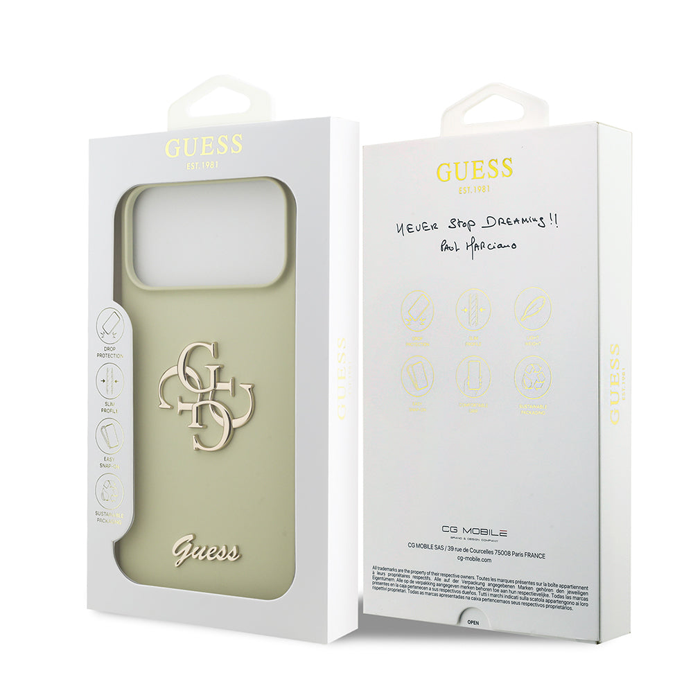 Apple iPhone 17 Pro Max Kılıf Guess 4G Metal Grained Yazı Logolu TPU Kapak Yeşil