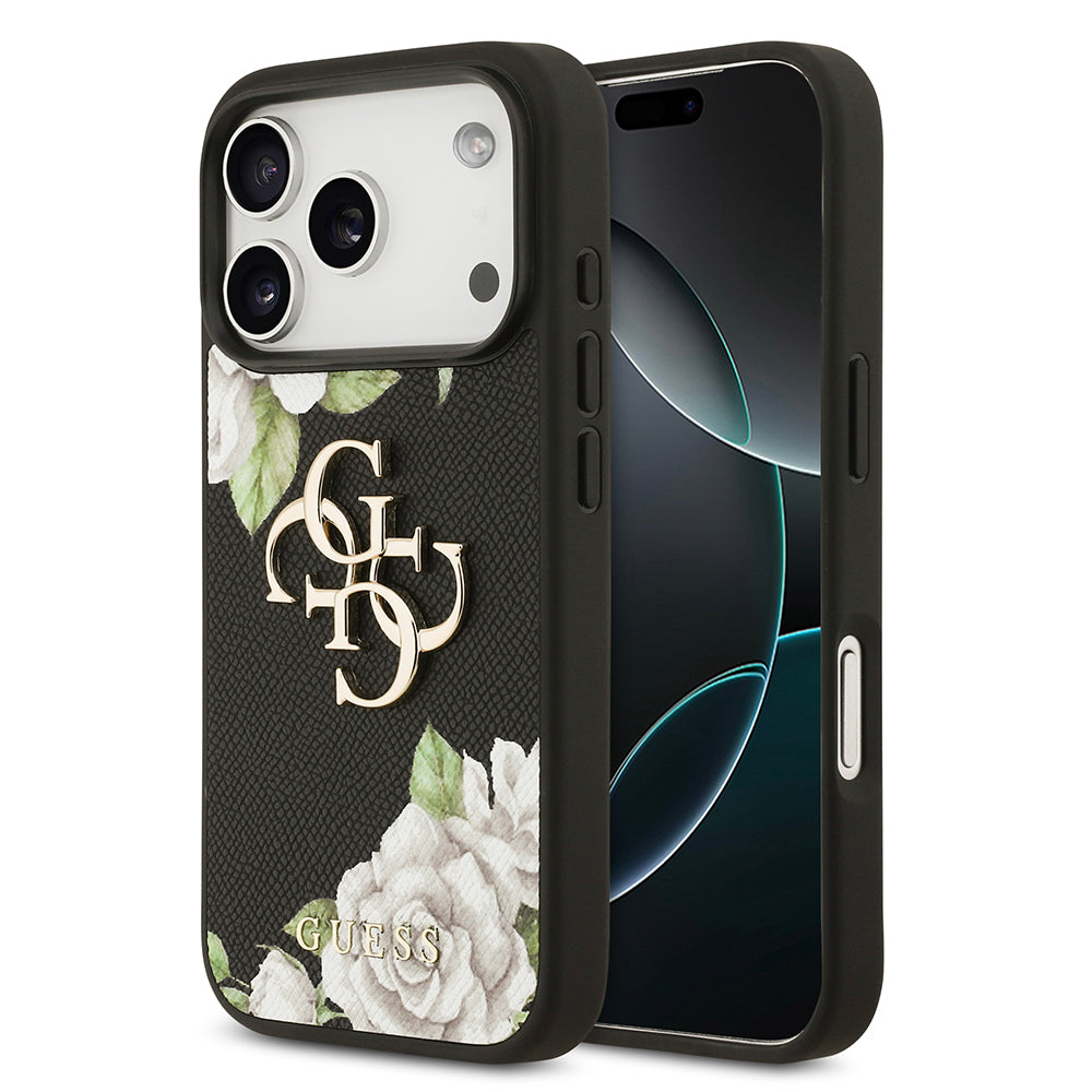 Apple iPhone 17 Pro Kılıf Guess Beyaz Gül Baskılı Büyük Metal Logolu Kapak Siyah