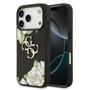 Apple iPhone 17 Pro Kılıf Guess Beyaz Gül Baskılı Büyük Metal Logolu Kapak Siyah