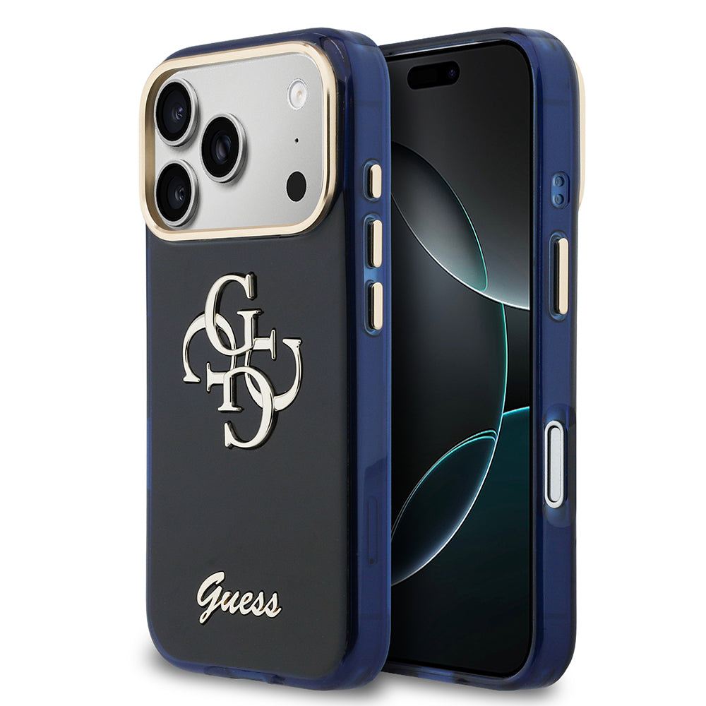 Apple iPhone 17 Pro Kılıf Guess Glitter Yazı ve 4G Büyük Metal Logolu TPU Kapak Mavi