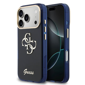 Apple iPhone 17 Pro Kılıf Guess Glitter Yazı ve 4G Büyük Metal Logolu TPU Kapak Mavi