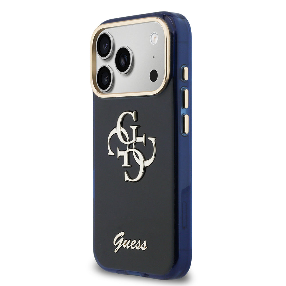 Apple iPhone 17 Pro Max Kılıf Guess Glitter Yazı ve 4G Büyük Metal Logolu TPU Kapak Mavi