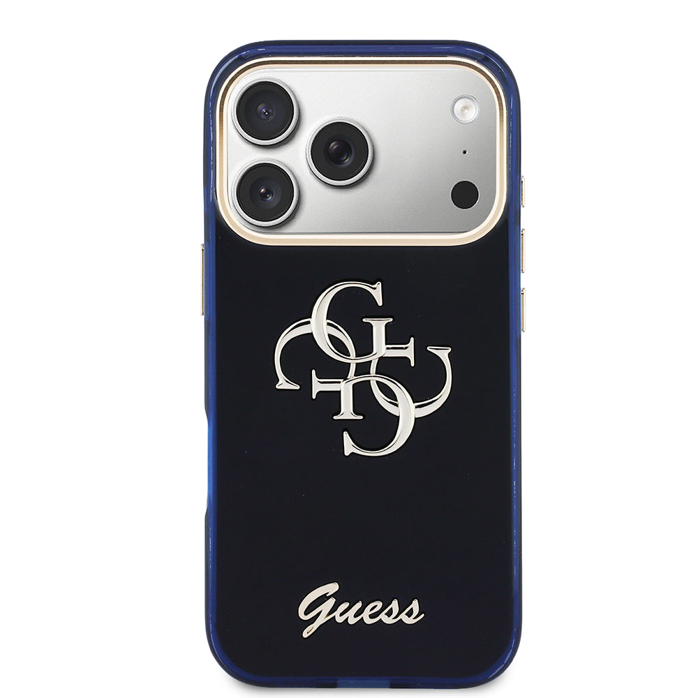 Apple iPhone 17 Pro Kılıf Guess Glitter Yazı ve 4G Büyük Metal Logolu TPU Kapak Mavi