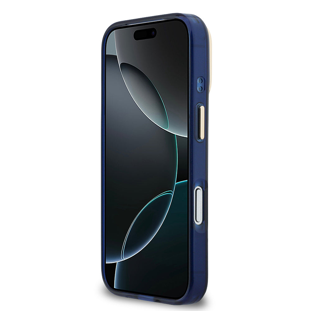 Apple iPhone 17 Pro Kılıf Guess Glitter Yazı ve 4G Büyük Metal Logolu TPU Kapak Mavi