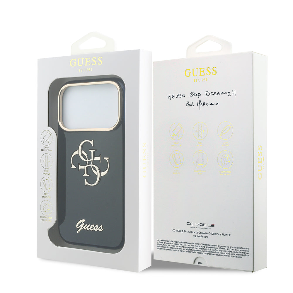 Apple iPhone 17 Pro Kılıf Guess Glitter Yazı ve 4G Büyük Metal Logolu TPU Kapak Mavi