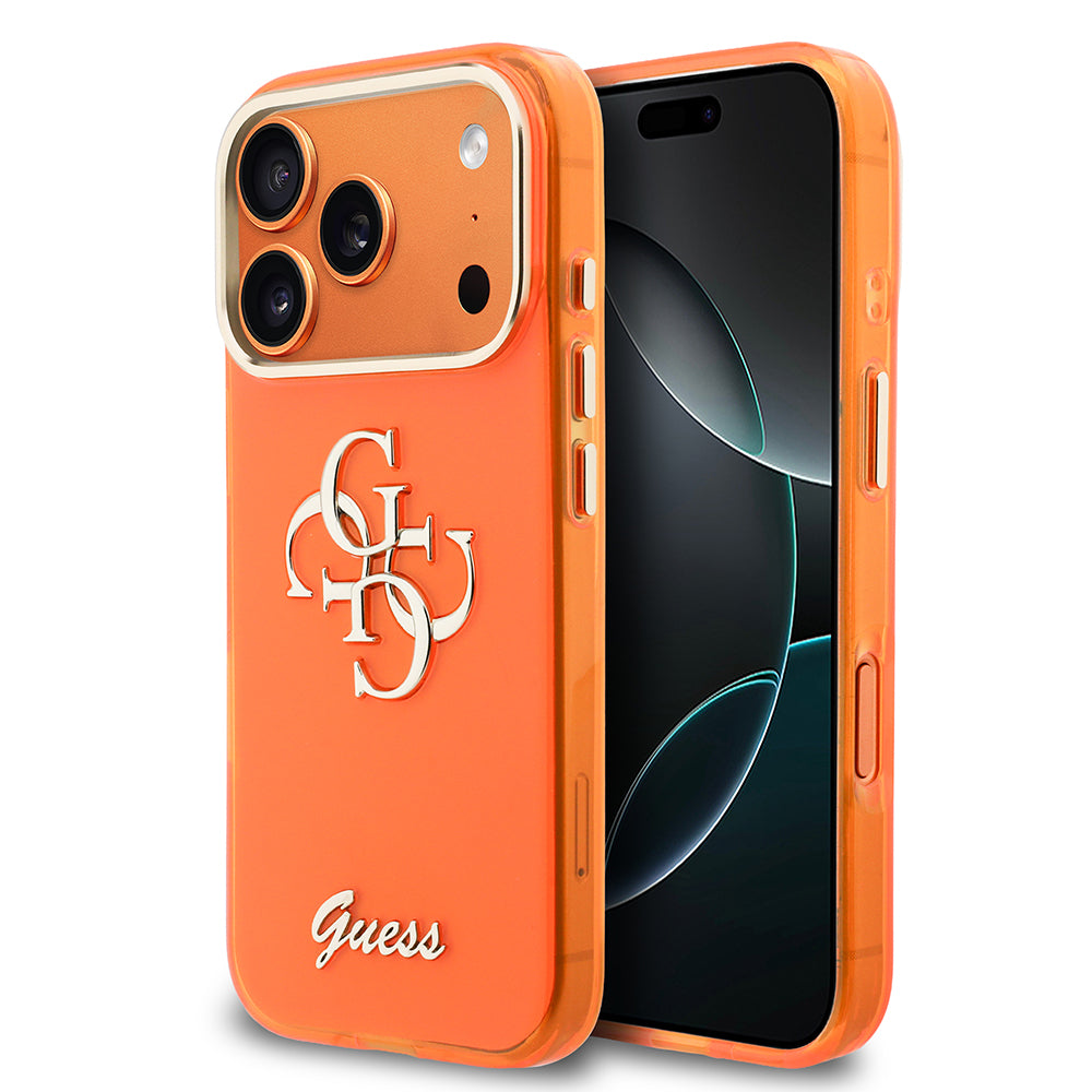 Apple iPhone 17 Pro Max Kılıf Guess Glitter Yazı ve 4G Büyük Metal Logolu TPU Kapak Turuncu