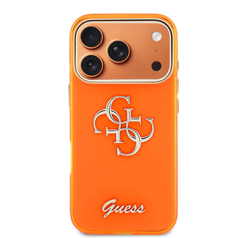 Apple iPhone 17 Pro Max Kılıf Guess Glitter Yazı ve 4G Büyük Metal Logolu TPU Kapak Turuncu