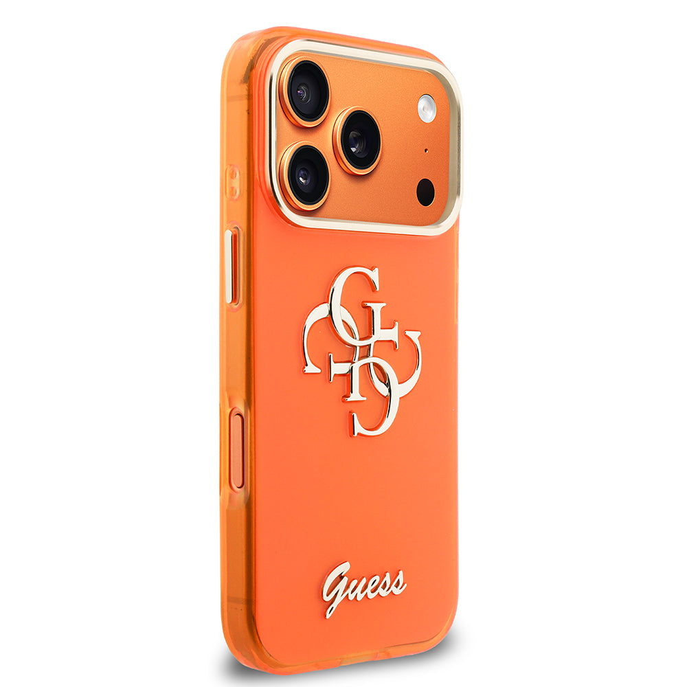 Apple iPhone 17 Pro Max Kılıf Guess Glitter Yazı ve 4G Büyük Metal Logolu TPU Kapak Turuncu