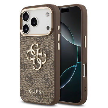 Apple iPhone 17 Pro Max Kılıf Guess Gold Metal Kamera Çerçeveli Büyük 4G ve Yazı Logolu Kapak Kahverengi