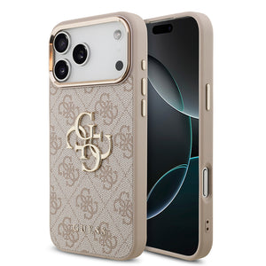 Apple iPhone 17 Pro Max Kılıf Guess Gold Metal Kamera Çerçeveli Büyük 4G ve Yazı Logolu Kapak Pembe