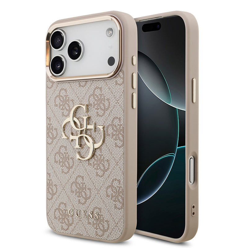 Apple iPhone 17 Pro Max Kılıf Guess Gold Metal Kamera Çerçeveli Büyük 4G ve Yazı Logolu Kapak Pembe