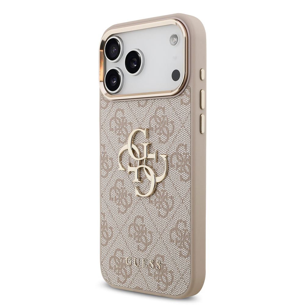 Apple iPhone 17 Pro Max Kılıf Guess Gold Metal Kamera Çerçeveli Büyük 4G ve Yazı Logolu Kapak Pembe