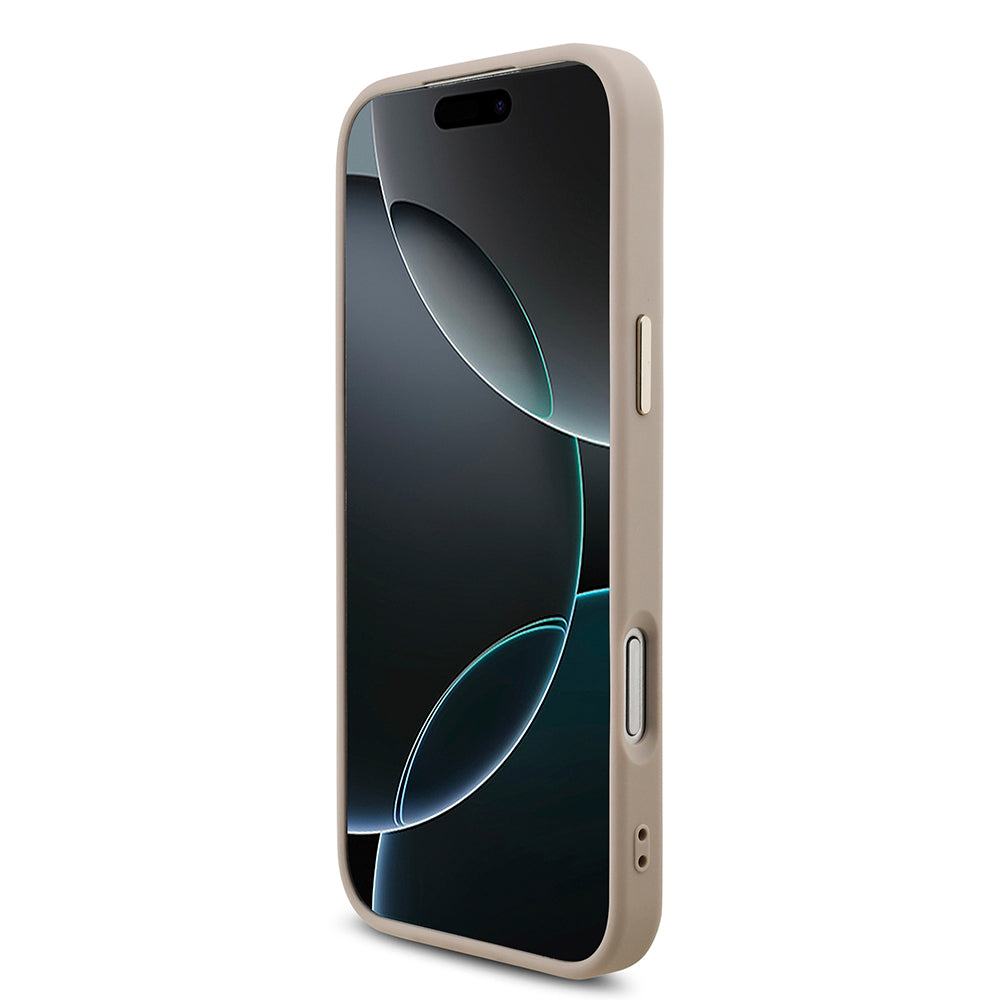 Apple iPhone 17 Pro Max Kılıf Guess Gold Metal Kamera Çerçeveli Büyük 4G ve Yazı Logolu Kapak Pembe