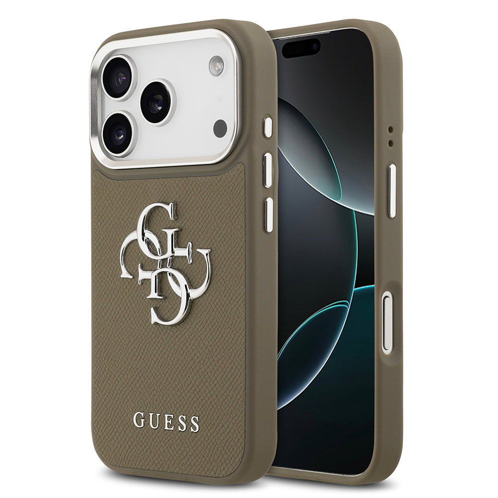 Apple iPhone 17 Pro Kılıf Guess Grained 4G Metal Büyük Logolu PU Kapak Kahverengi
